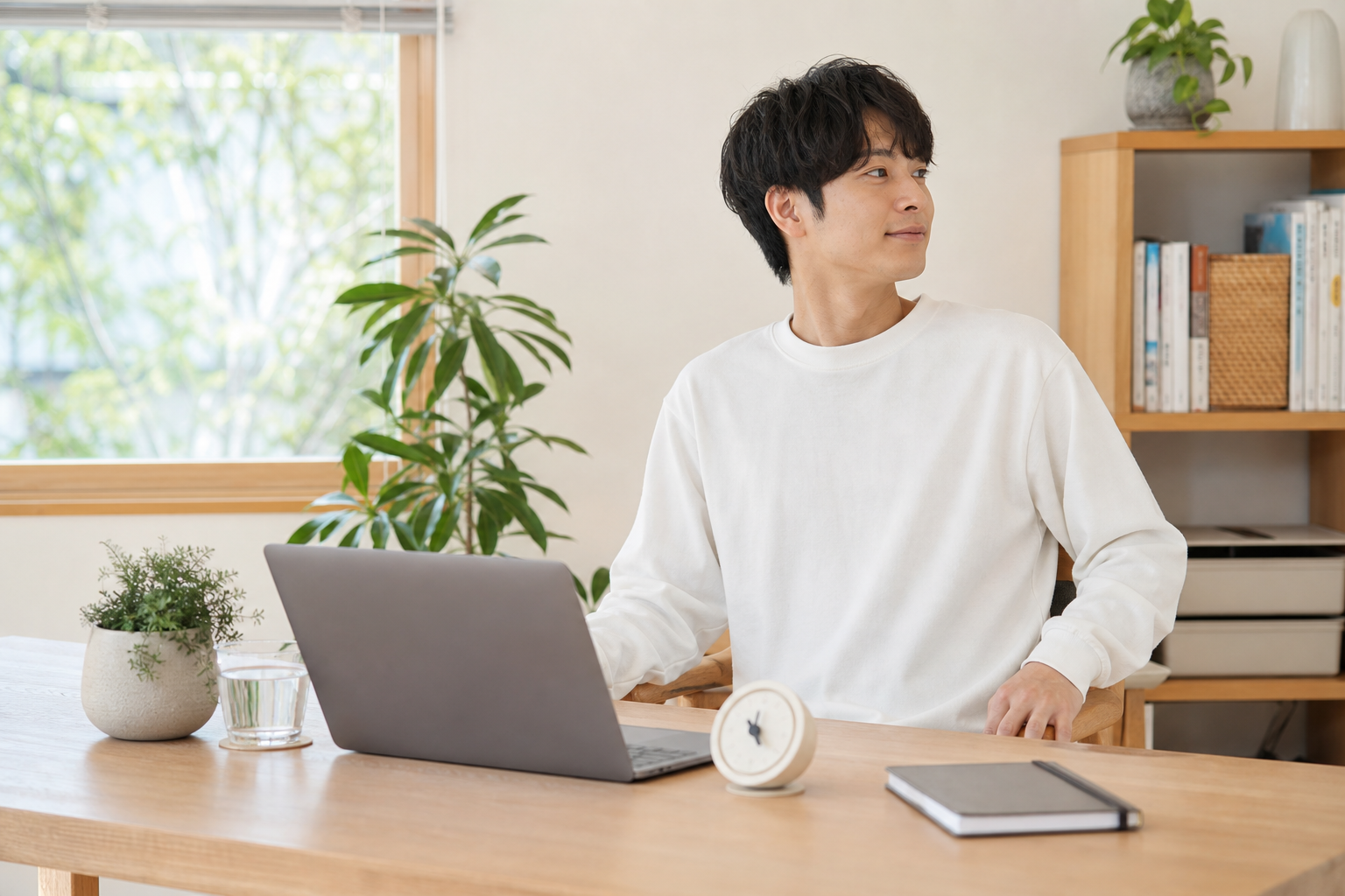 昼休みに在宅ワークの机から少し離れて休憩する様子