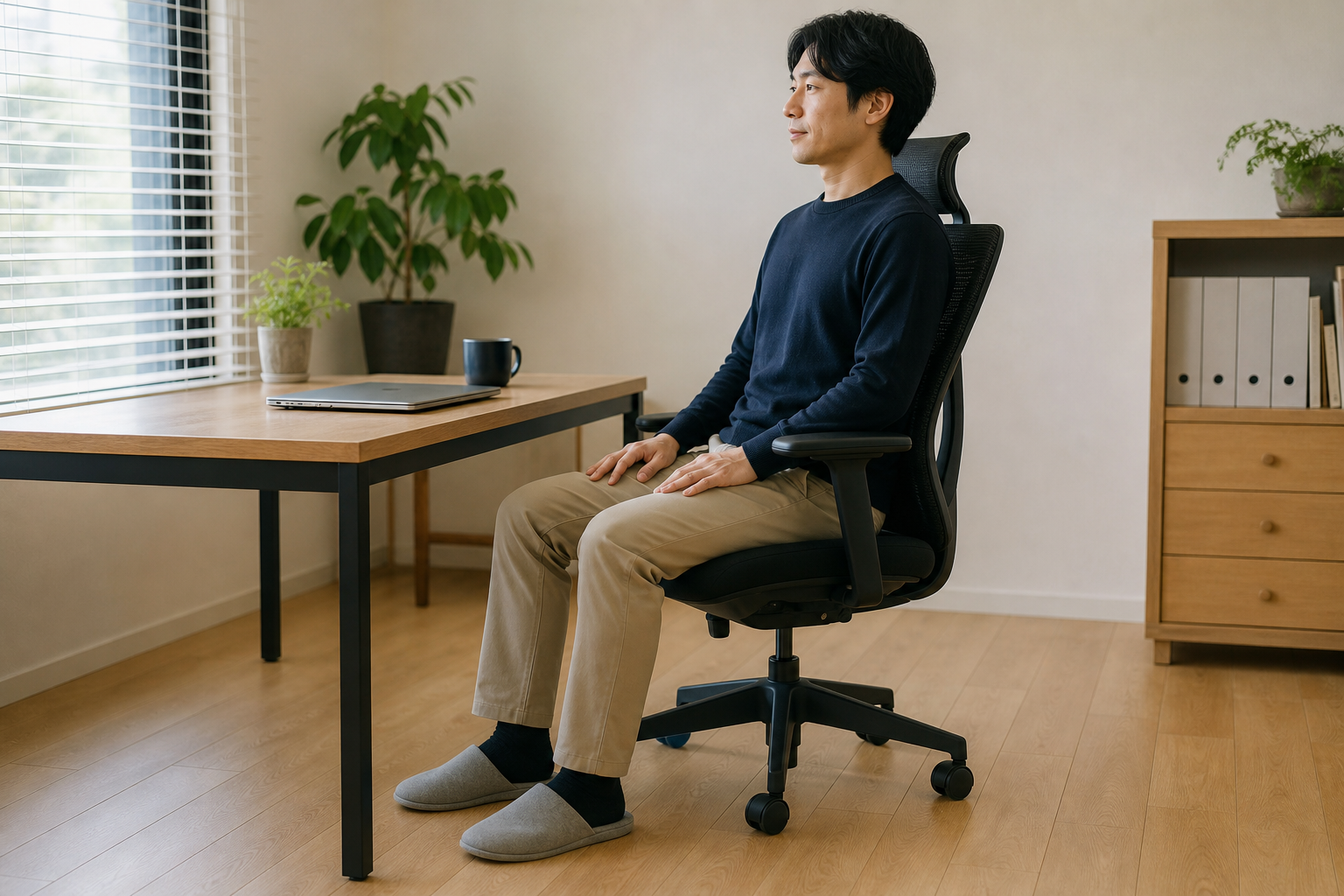 昼休みに椅子へ座り直して画面から離れる様子