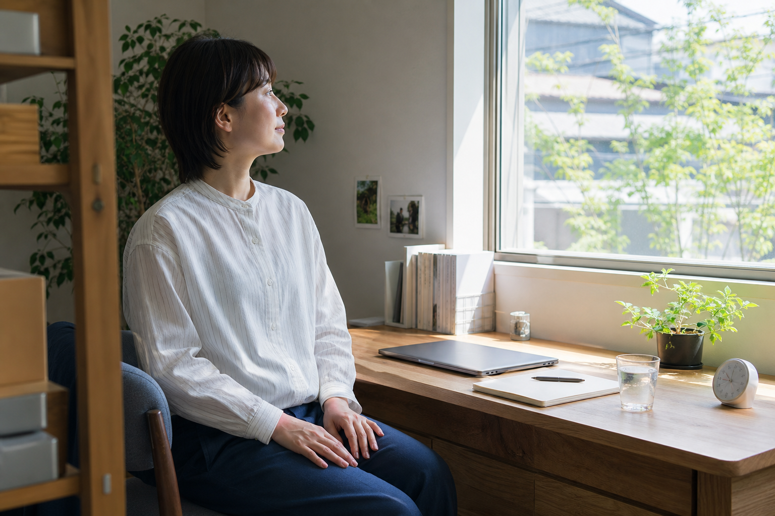 閉じたノートパソコンのそばで窓の外を見る休憩時間