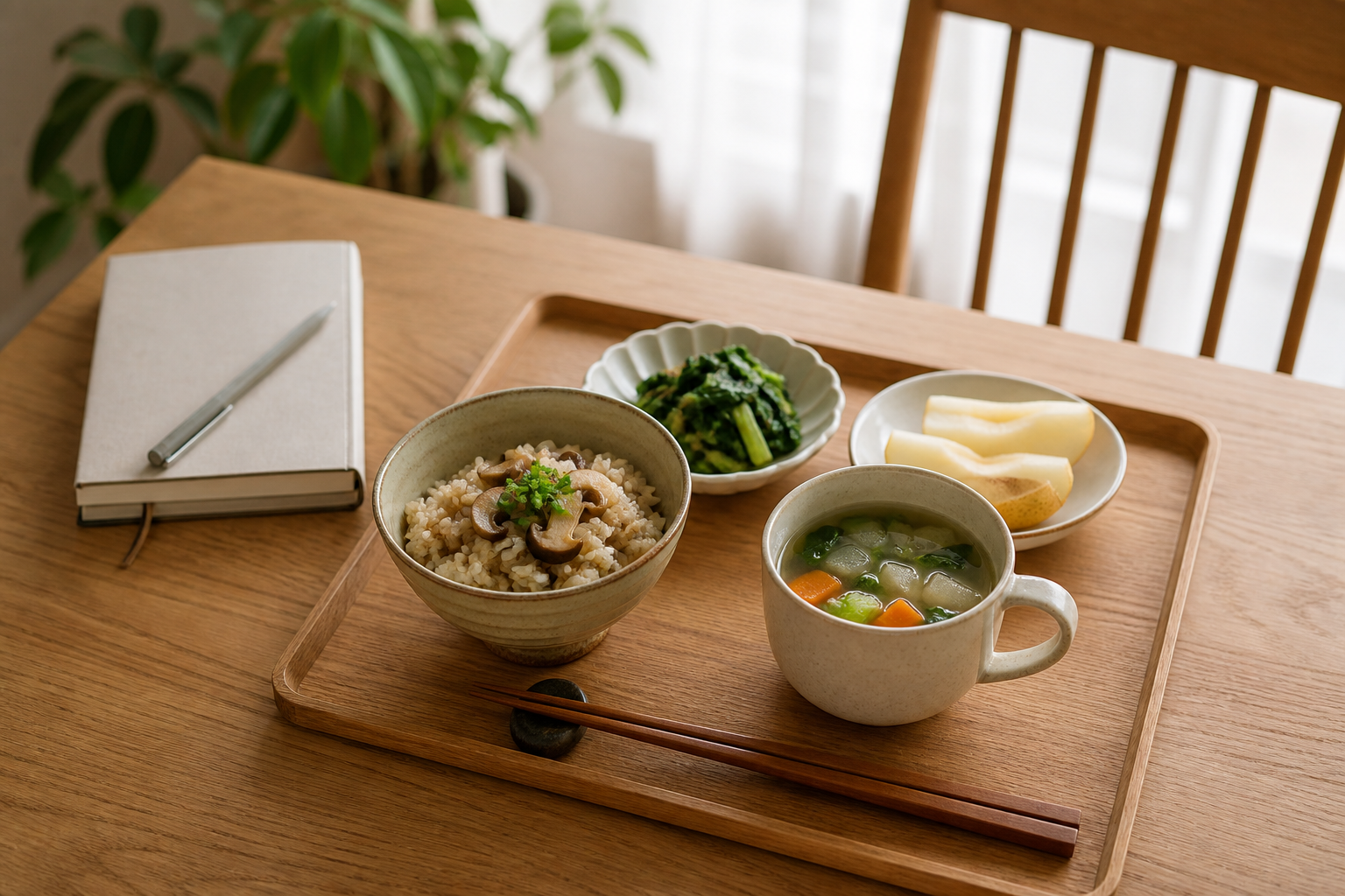 きのこごはん、スープ、青菜、果物を載せた季節のランチ