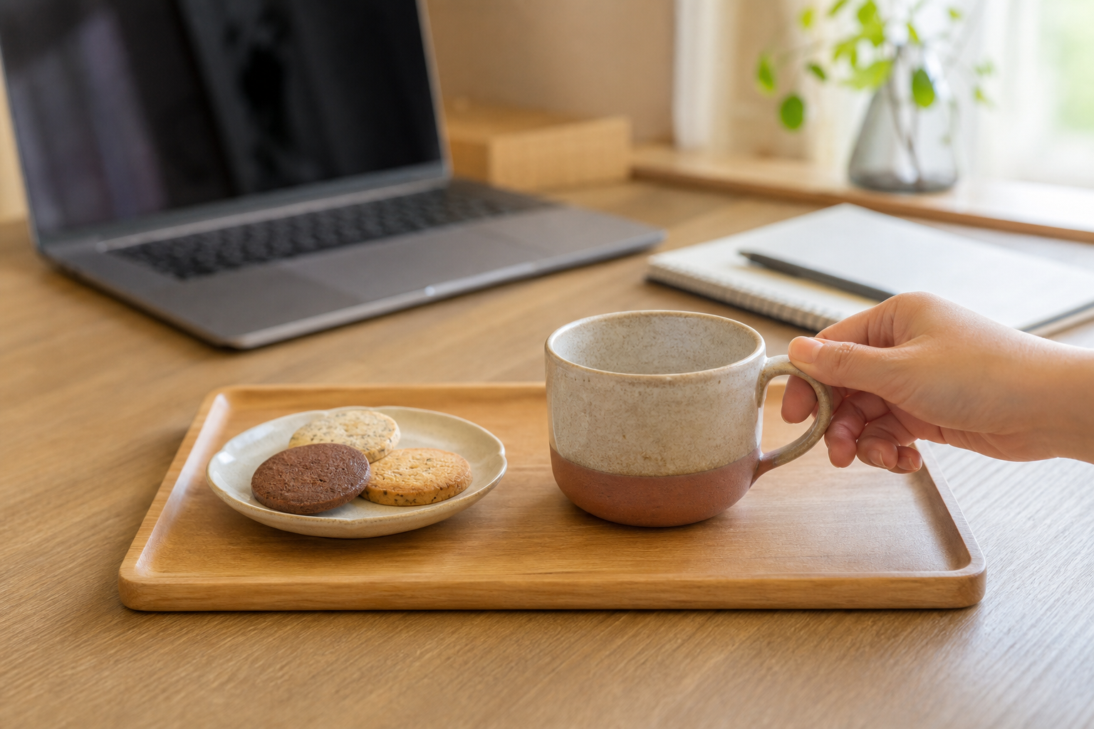 在宅ワークの机でお茶のトレーにマグカップを置く様子