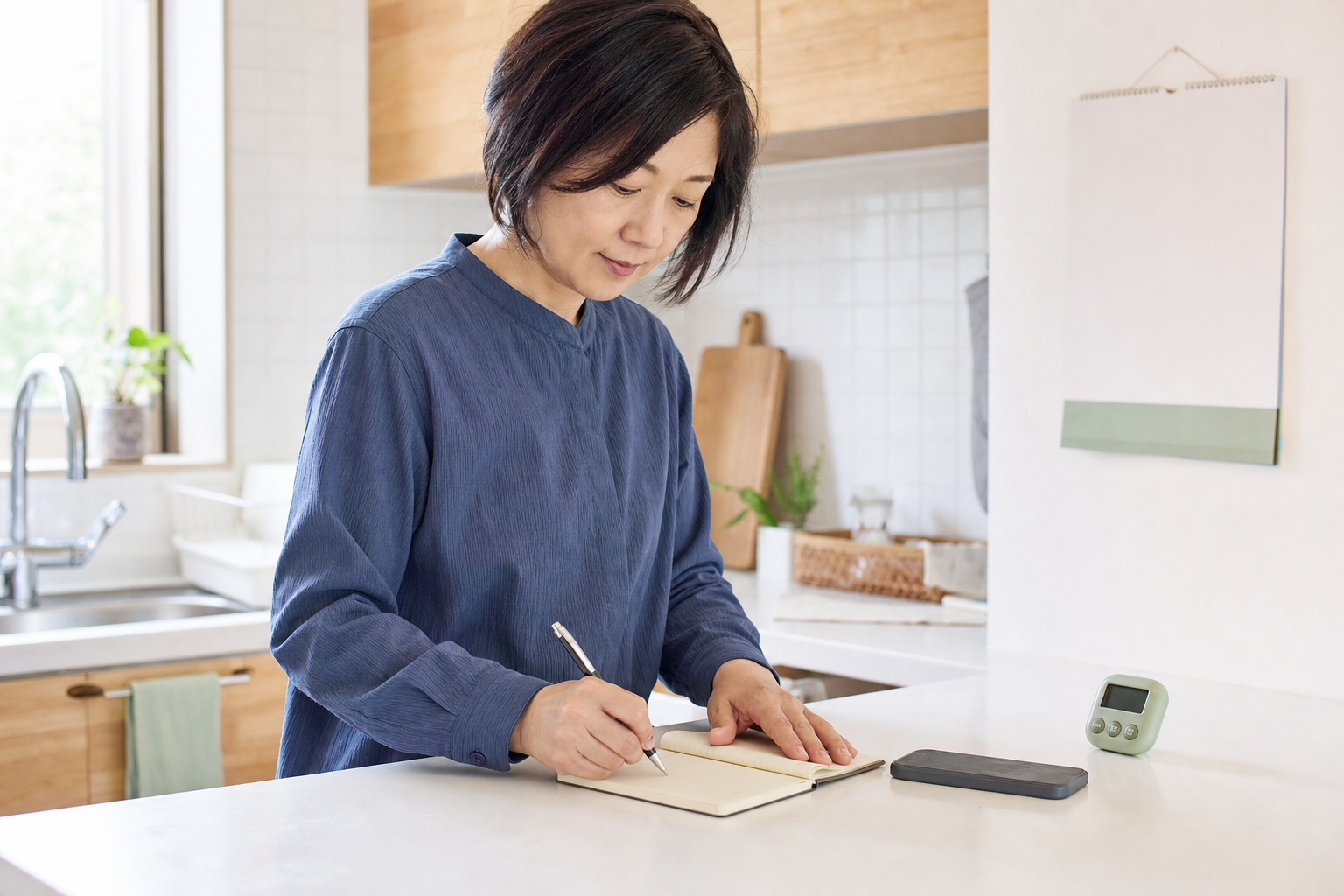 キッチンのカウンターで介護の連絡ノートに短く記入する様子