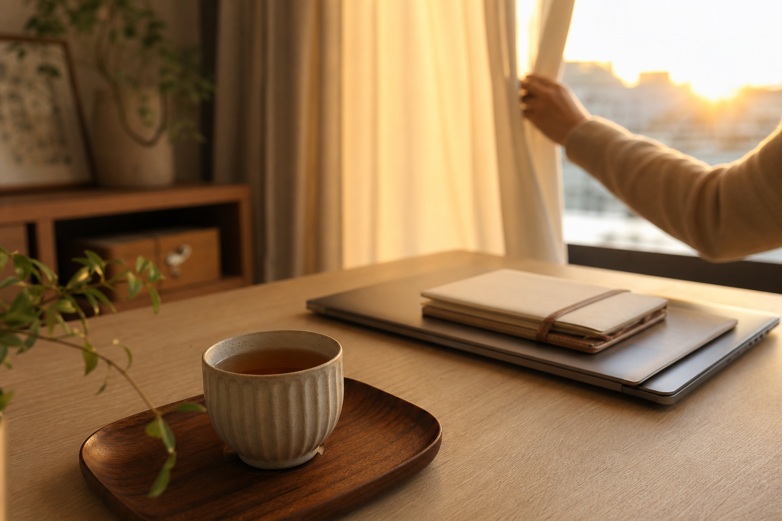 夕方の窓辺で閉じたノートパソコンとお茶を置いた机