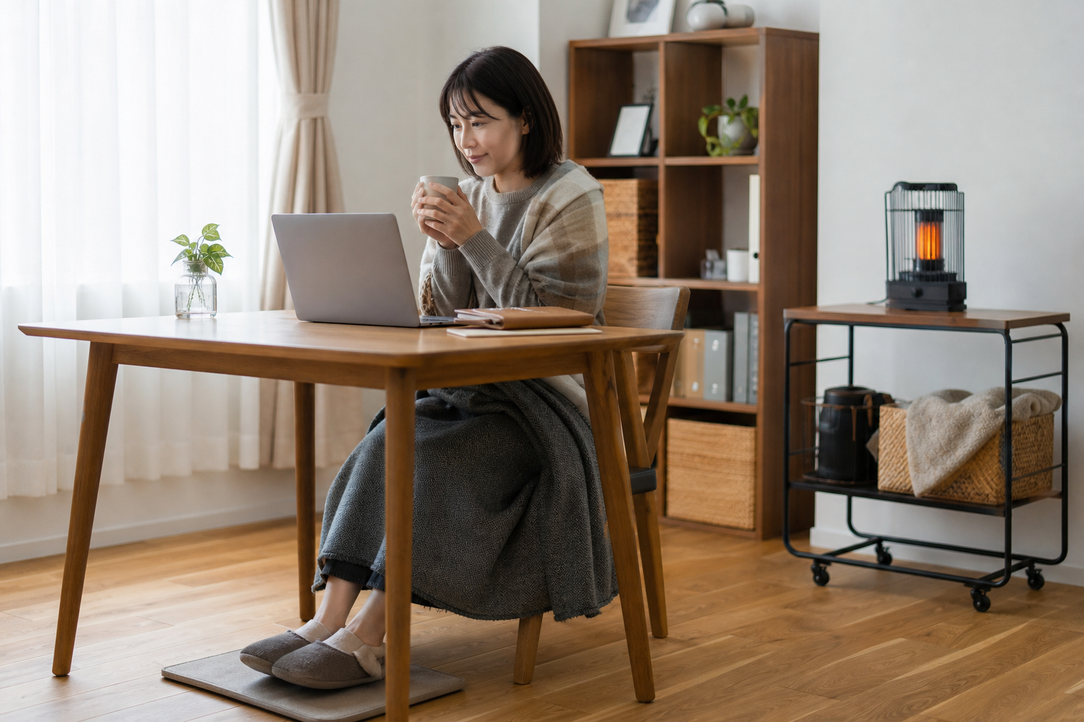 冬の在宅勤務で足元・手元を暖かくするアイデアと安全上の注意の記事内容を表すイメージ