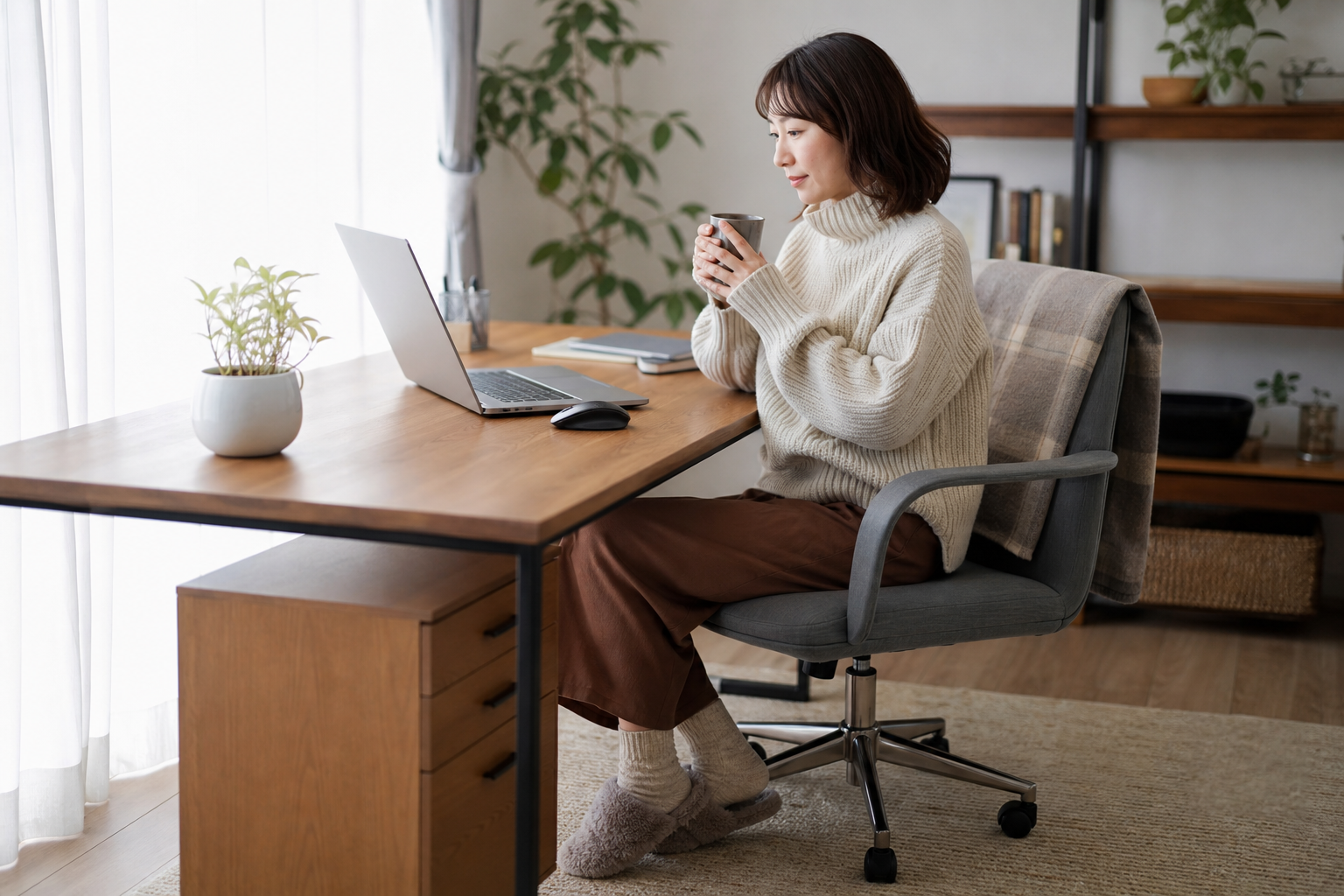冬の在宅勤務で足元・手元を暖かくするアイデアと安全上の注意の準備をする様子