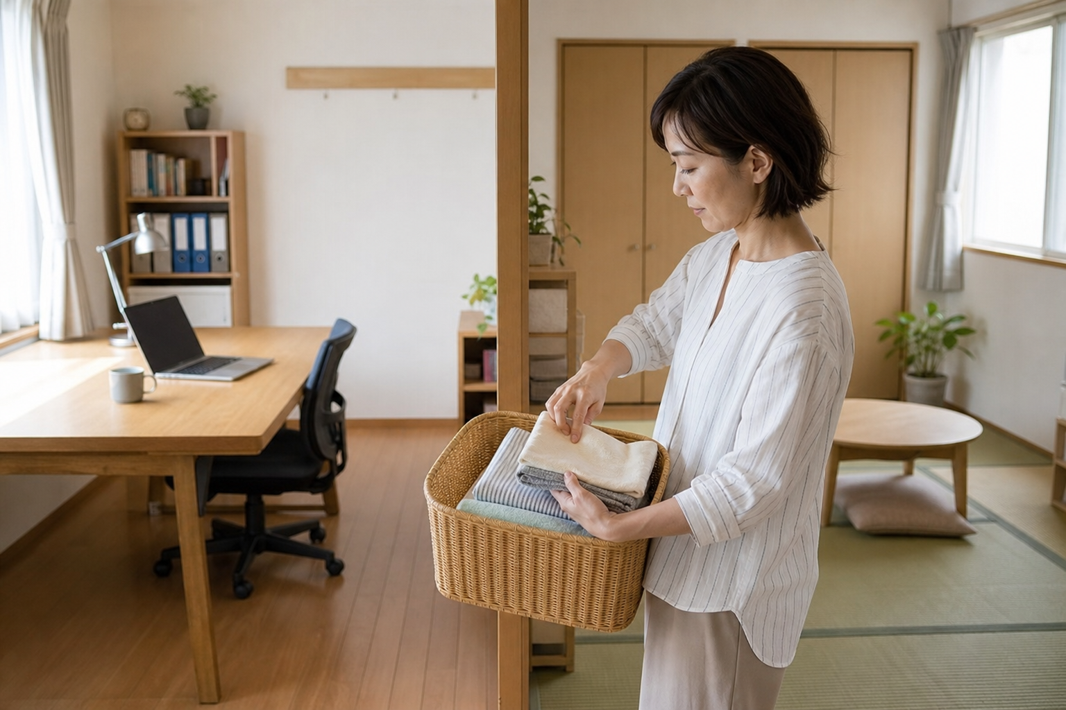 仕事と介護、同じ部屋で整える“ゾーン分け”レイアウト例の準備をする様子