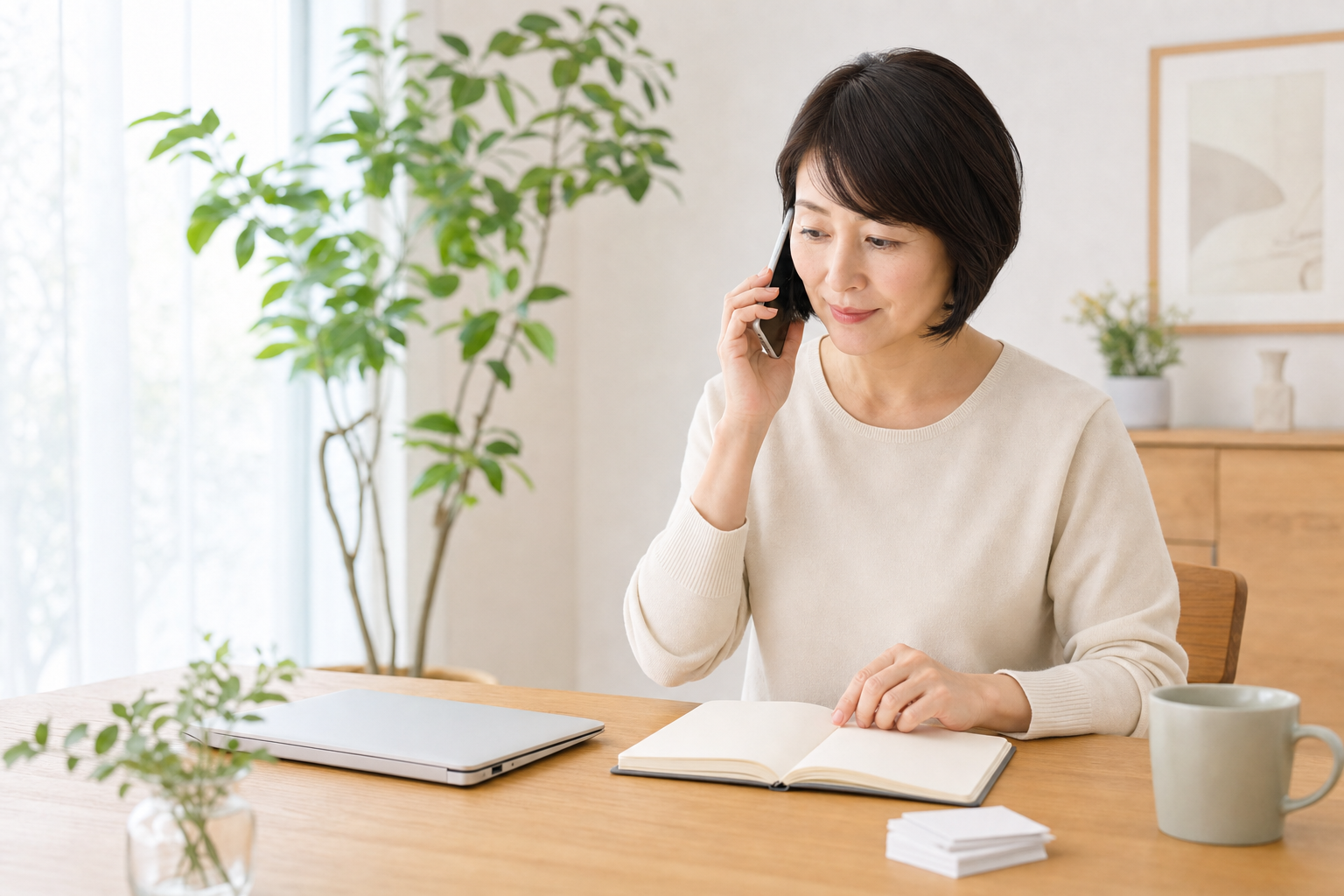 介護の相談先へ電話しながら内容を確認する様子