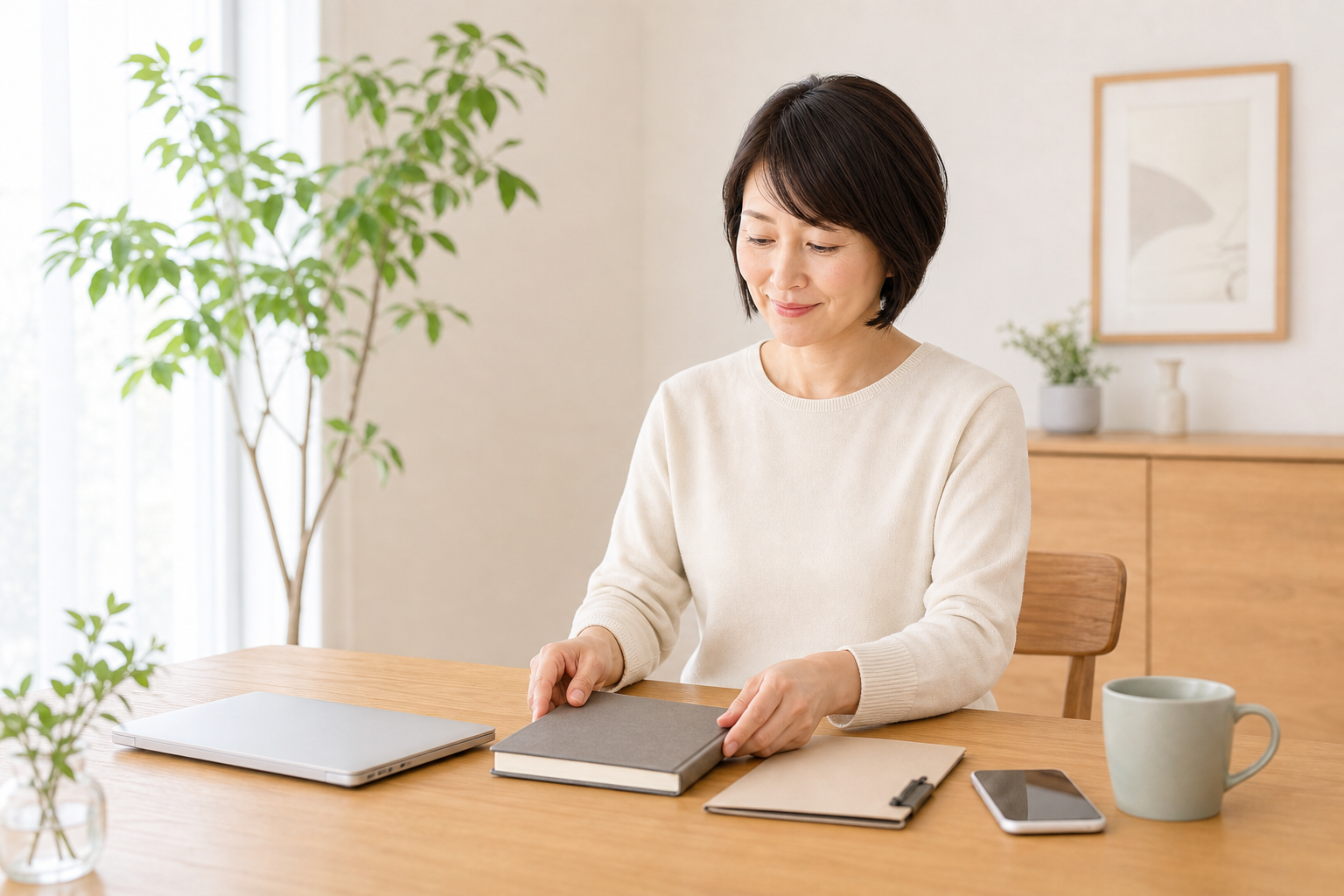 ノートと資料をまとめて次の予定を確認する様子