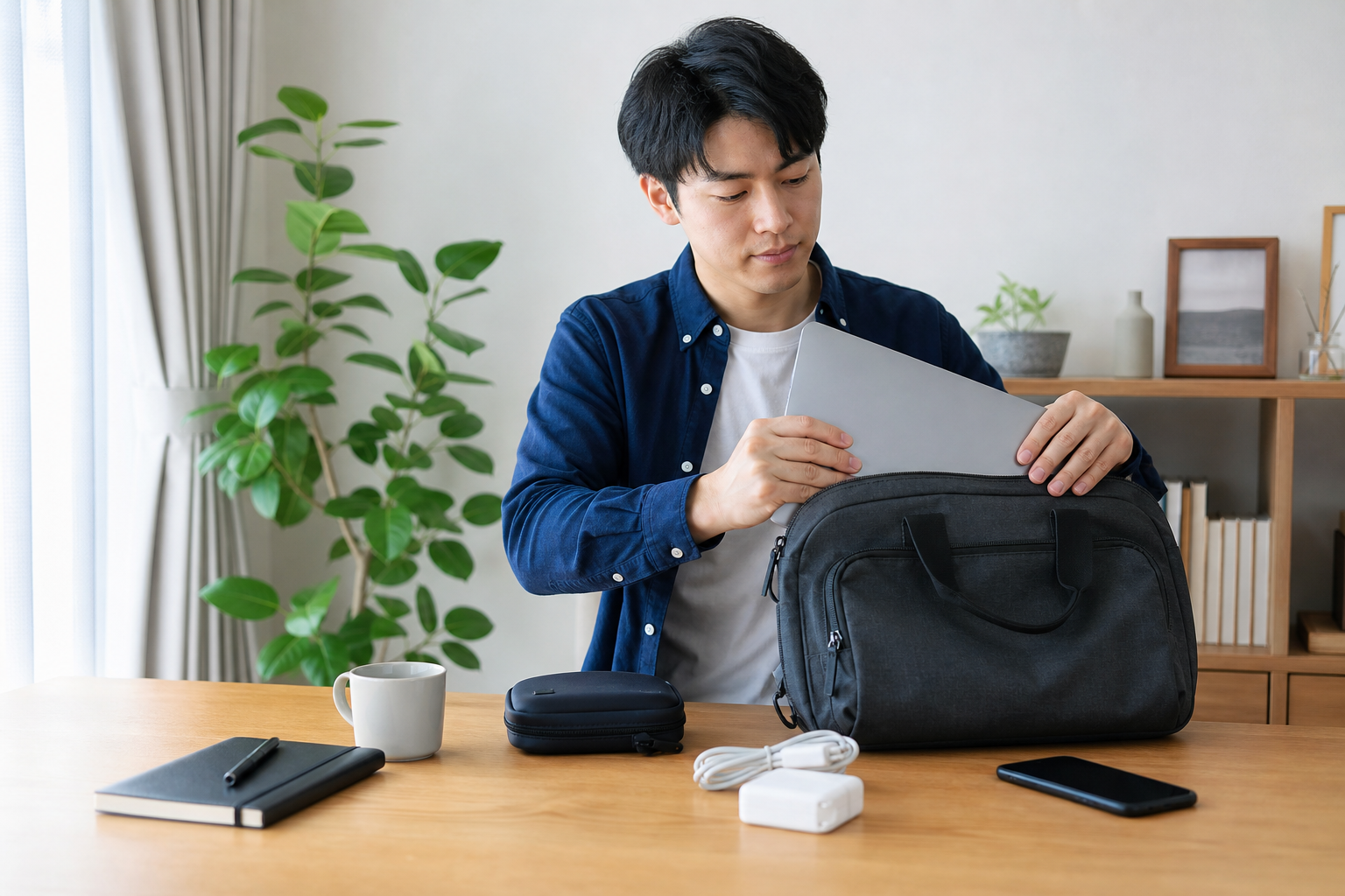 出社とリモートの両方で使いやすい仕事道具5選の準備をする様子