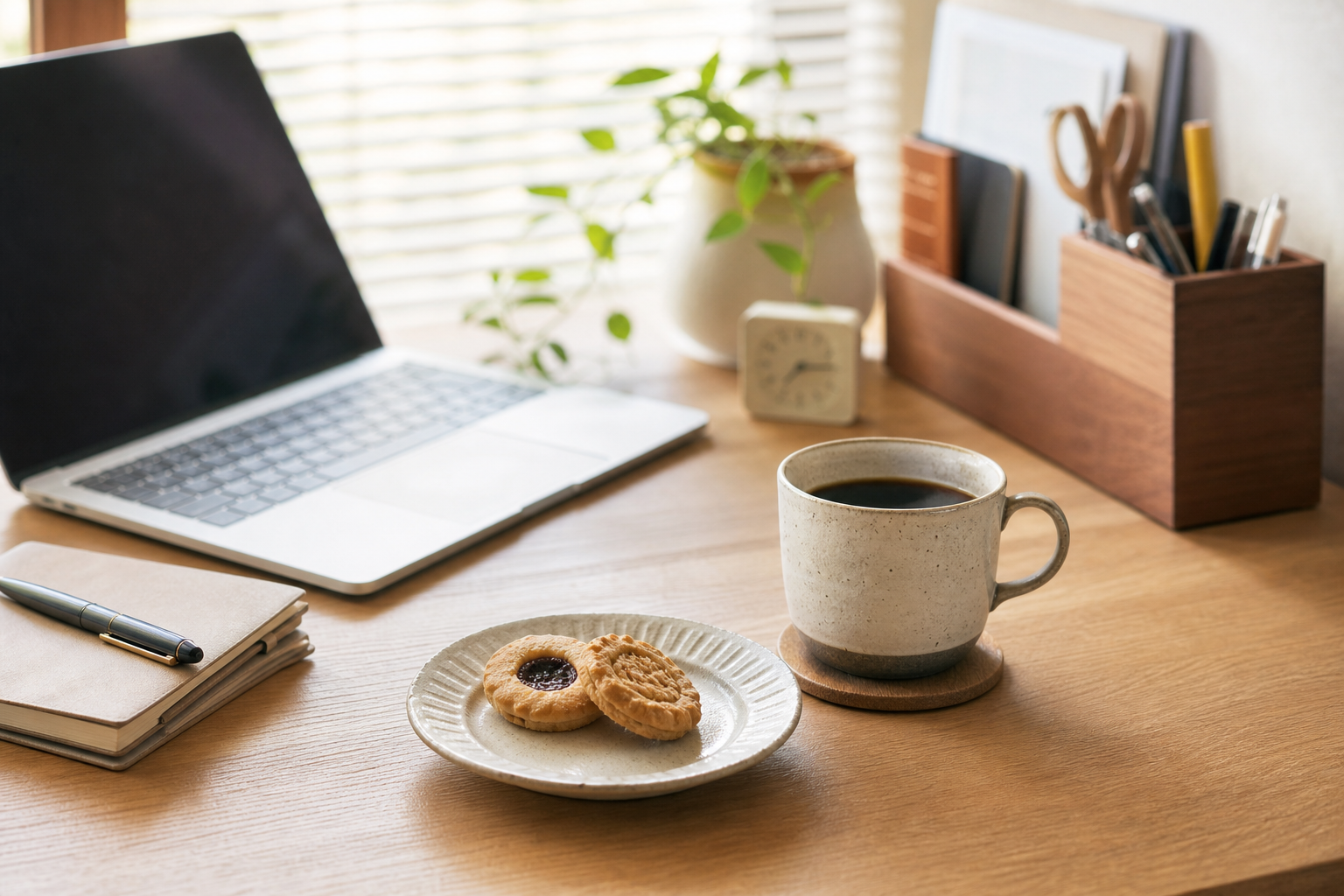 午後の気分転換に。コーヒーとおやつでひと息つく工夫で使う道具や配置の例