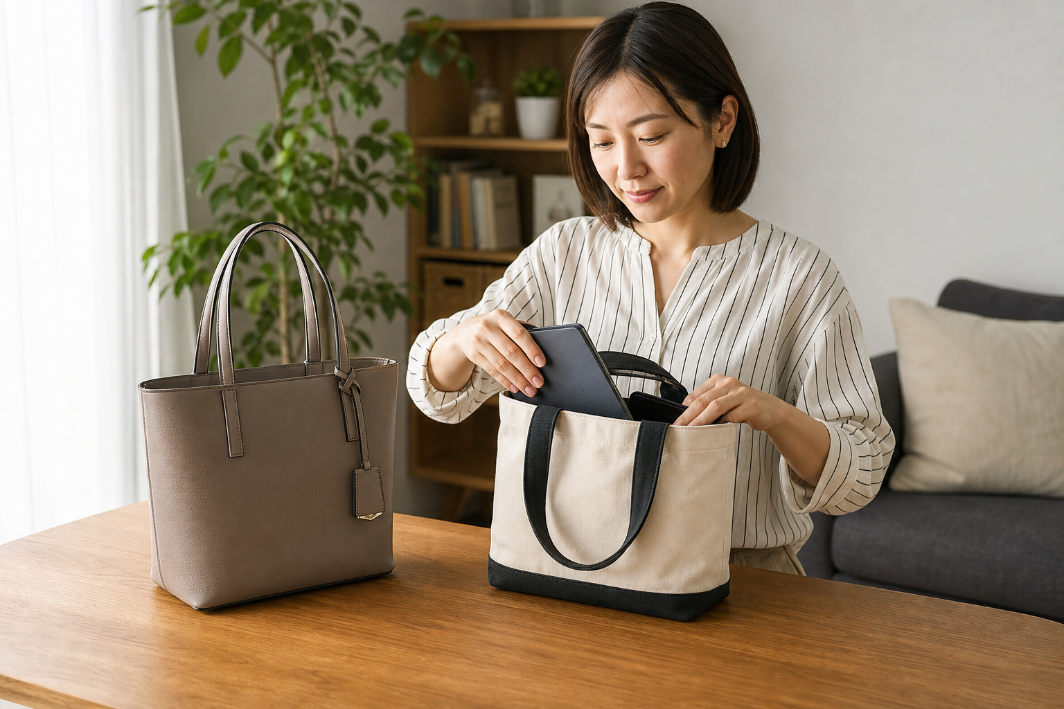 通勤バッグと在宅バッグ、使い分けの考え方の準備をする様子