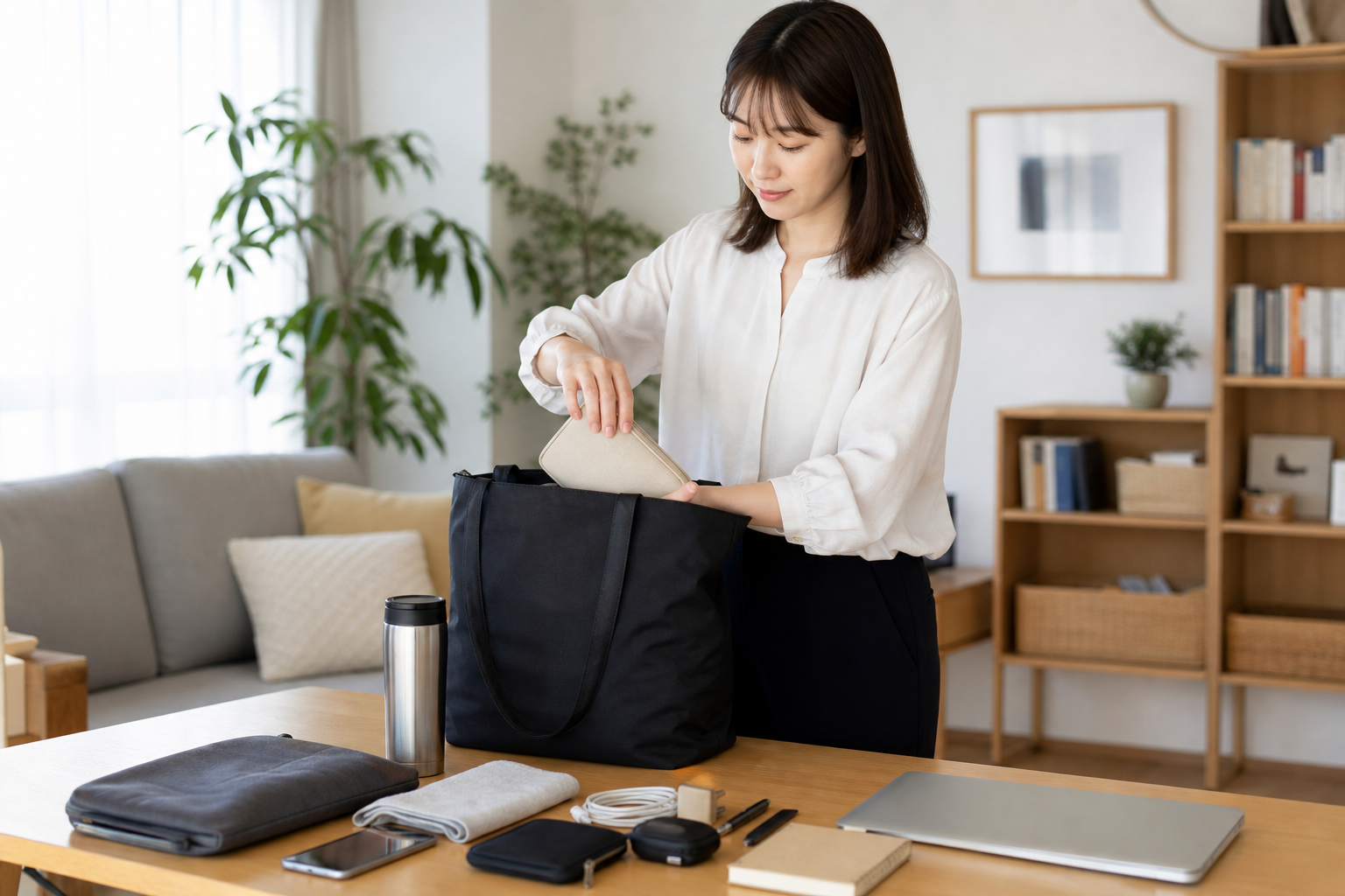 出社・在宅ハイブリッド時代に揃えておきたい“持ち物チェックリスト”の準備をする様子