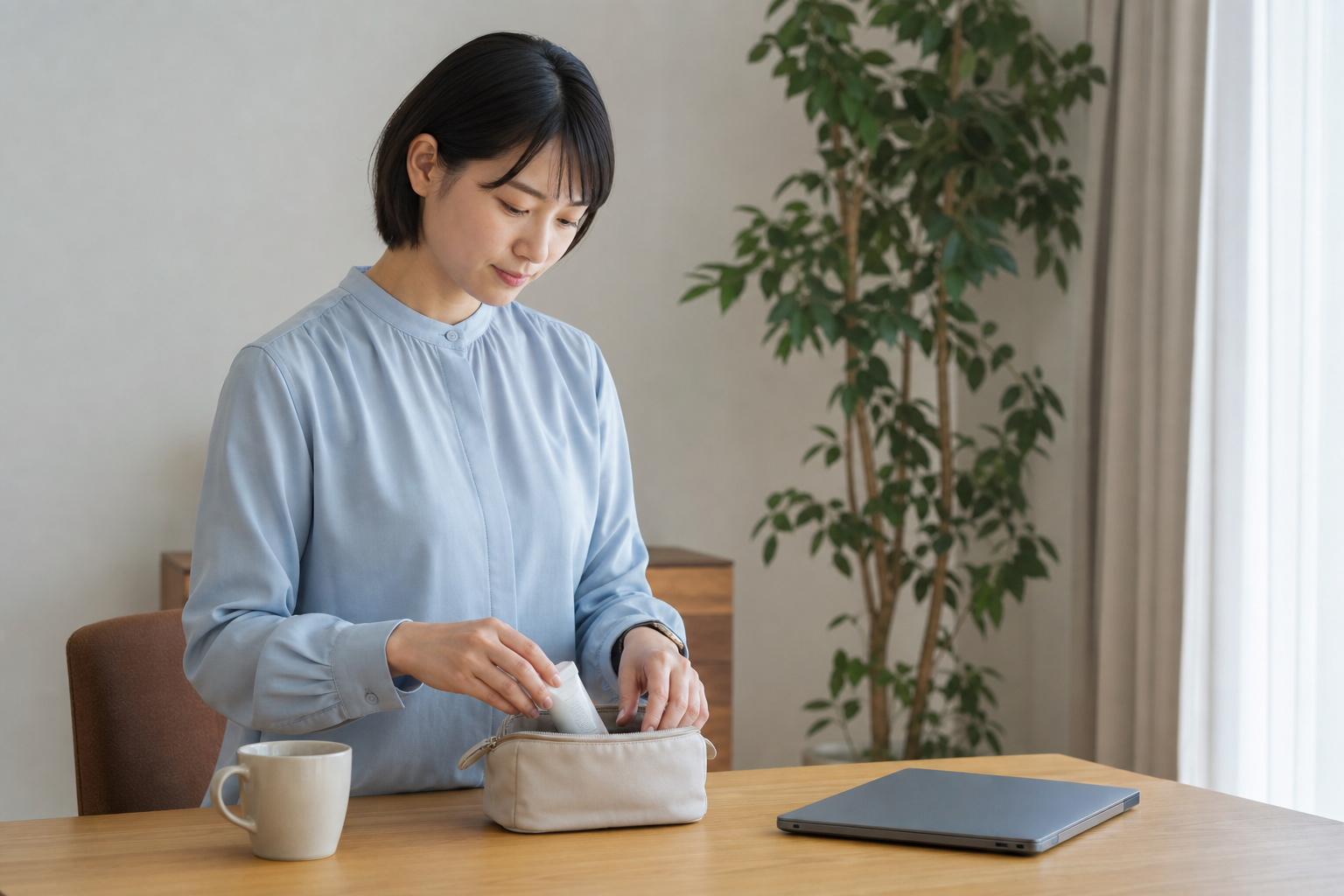在宅勤務日に持っておきたい“外出用ミニセット”アイデアの準備をする様子
