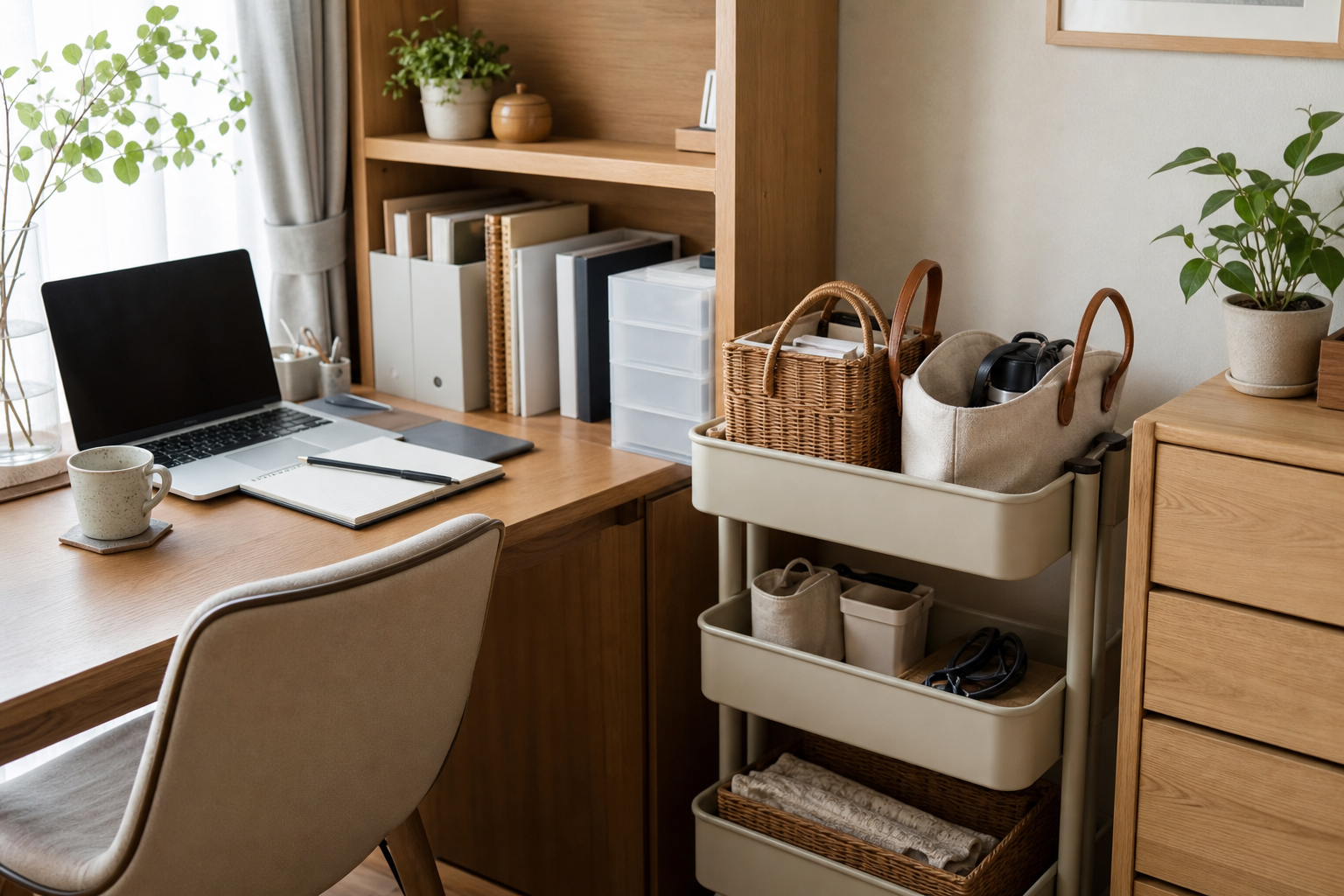 限られた部屋でも作れる“仕事&介護コーナー”設計のポイントで使う道具や配置の例