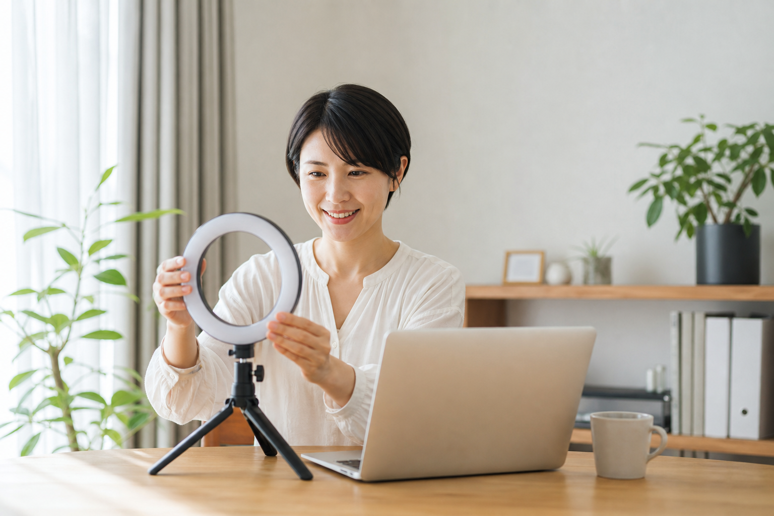オンライン会議が続く日の照明と背景の整え方の準備をする様子