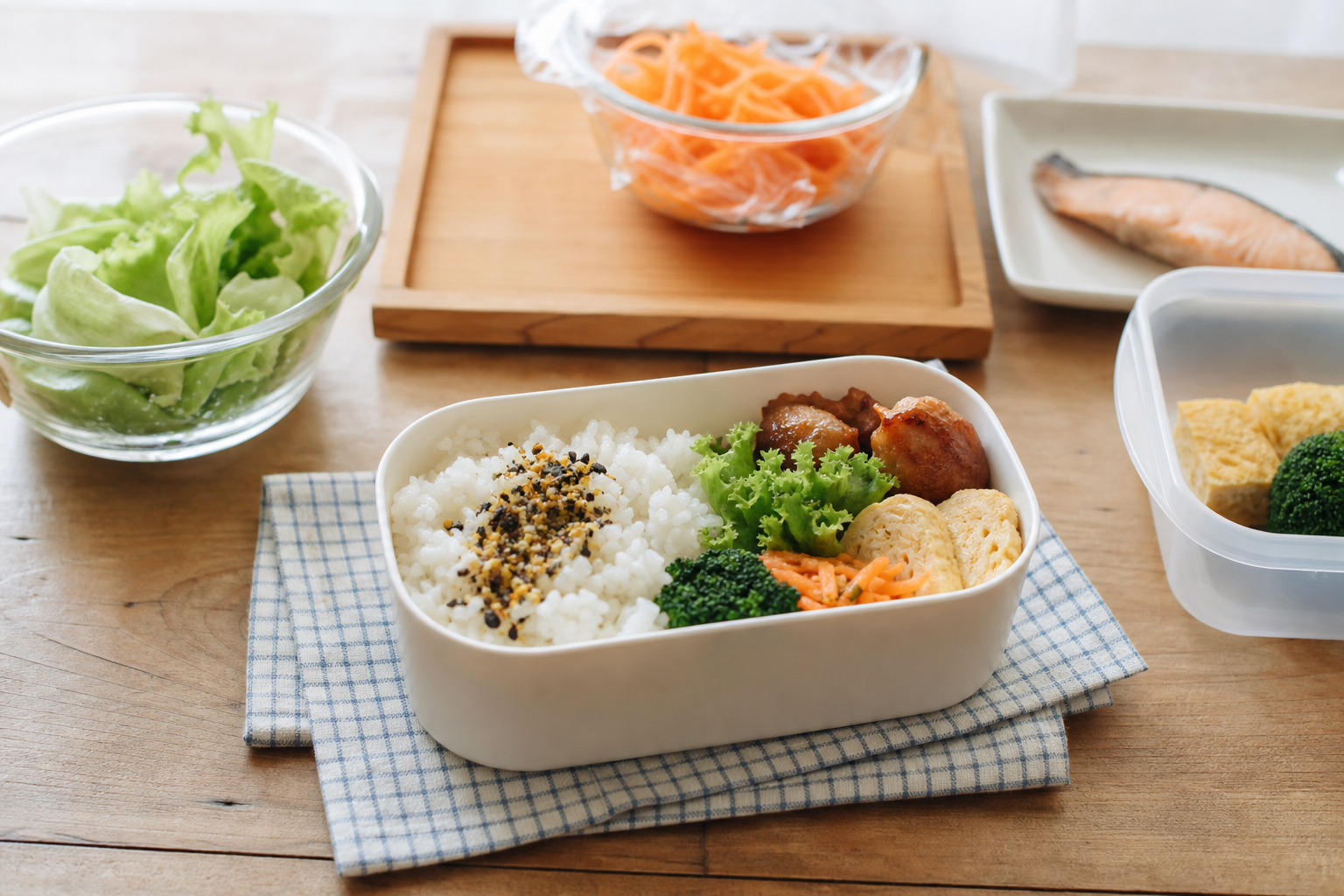 冷蔵庫にあるもので作る“置き弁風”昼ごはんアイデアで使う道具や配置の例