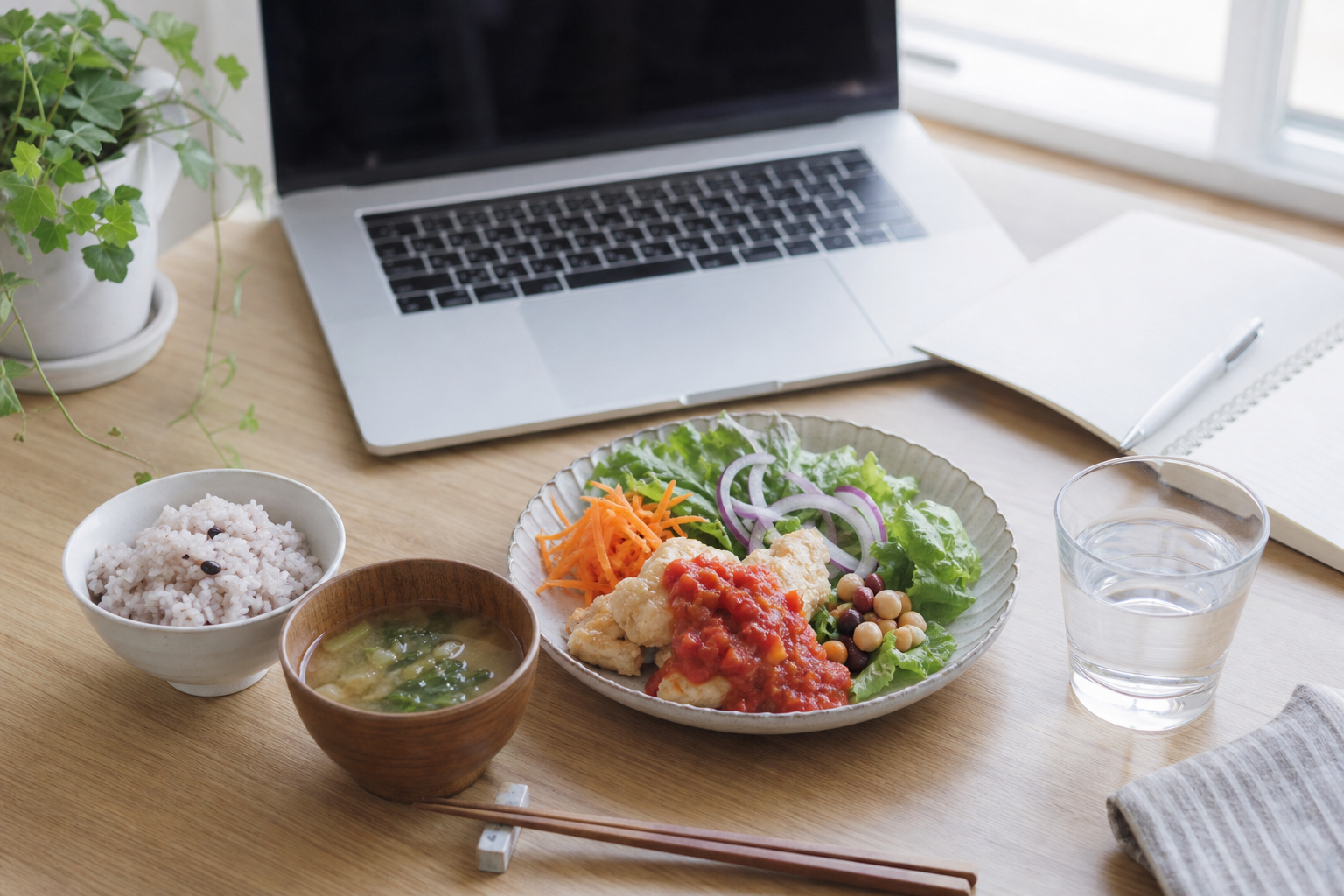 ランチ後すぐ動けるための“軽め＆栄養バランス”レシピで使う道具や配置の例