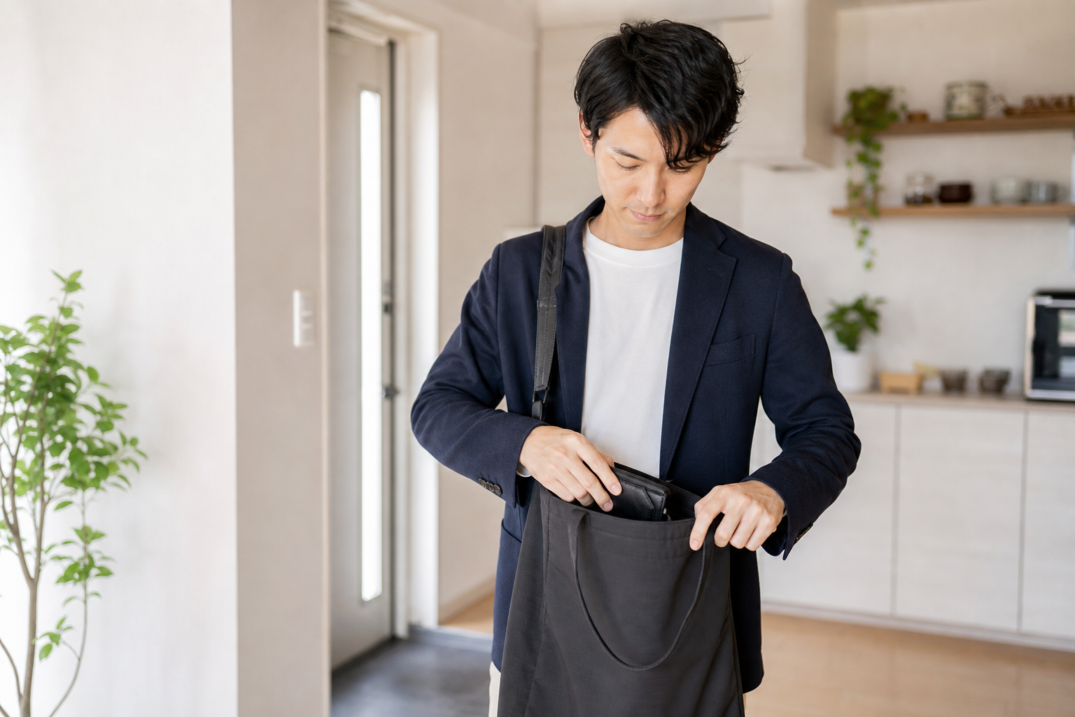 出社日の外ランチ前に予定と持ち物を確認する様子