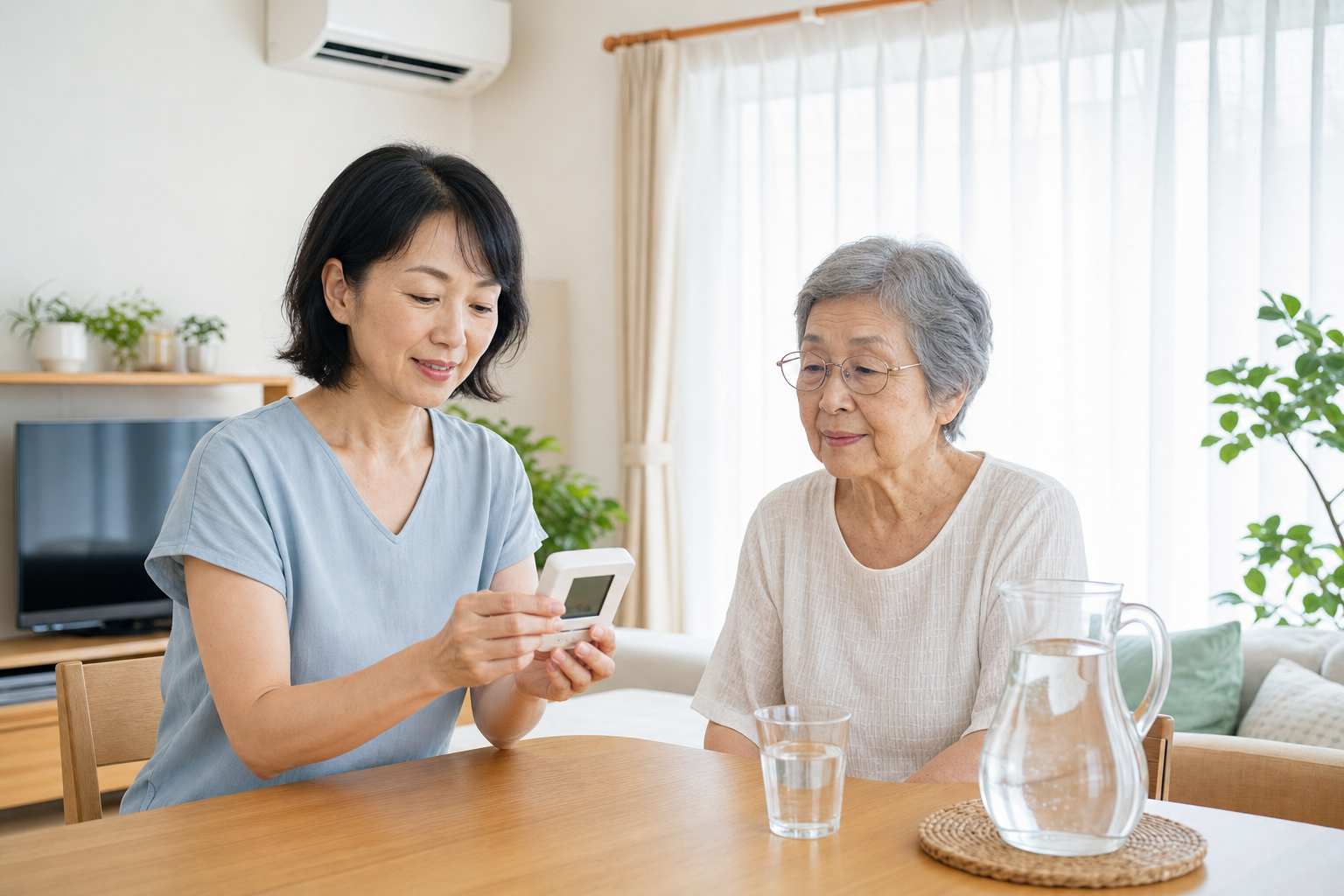 暑い日の介護に備えて室温と飲み物を確認する家族