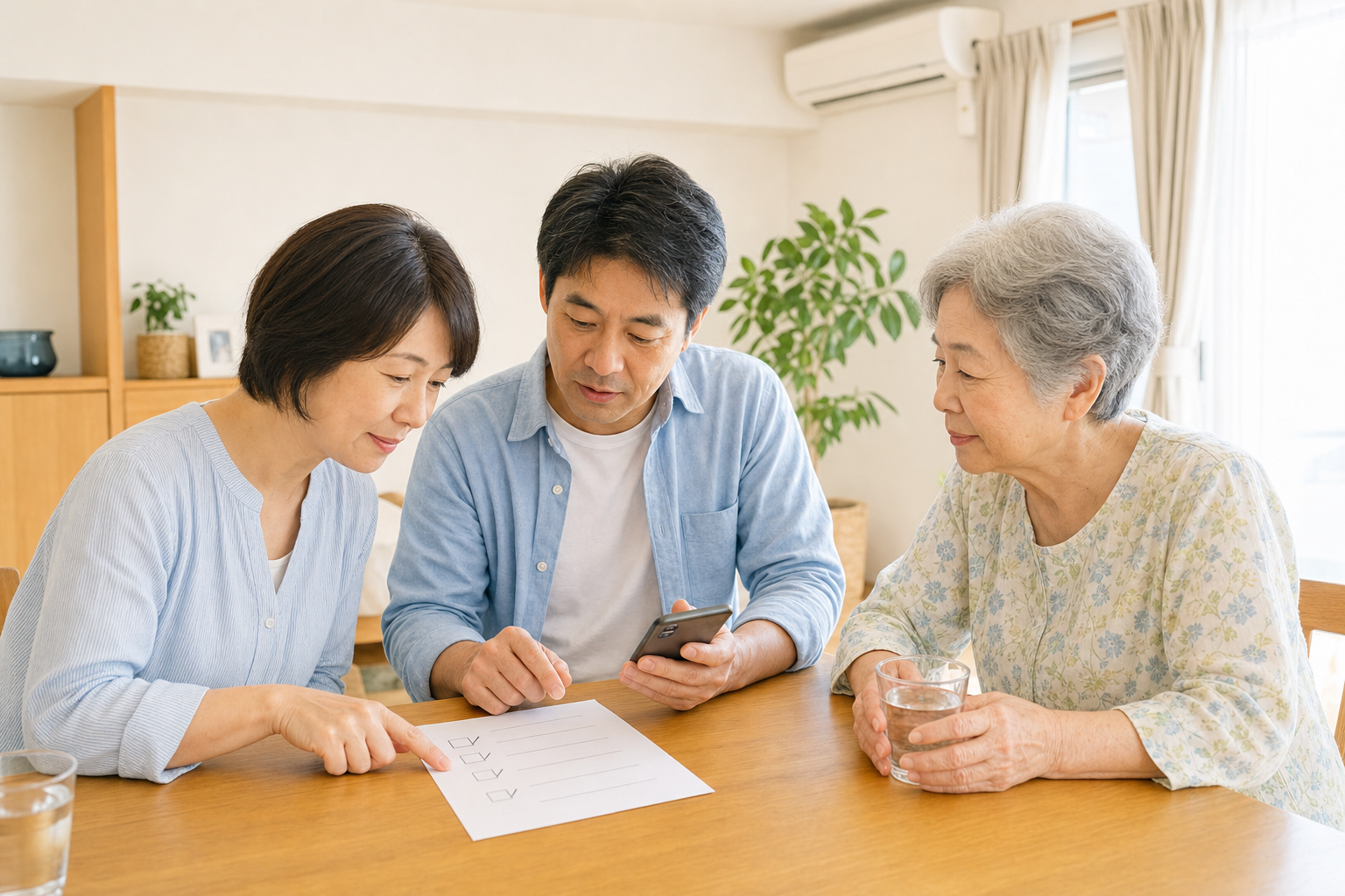 暑い日の介護予定を家族で共有する様子