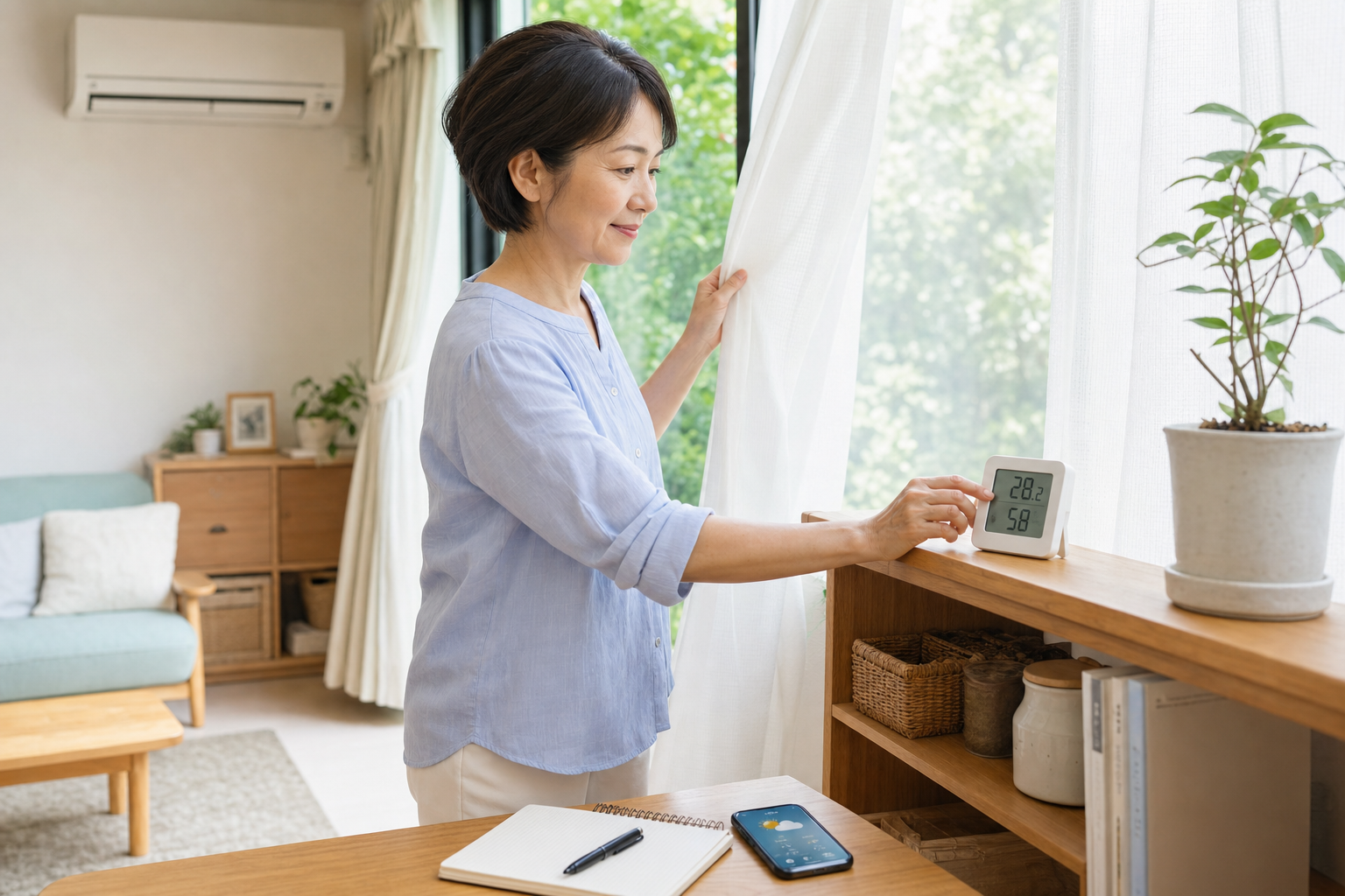 朝に室温と天気を確認する介護者